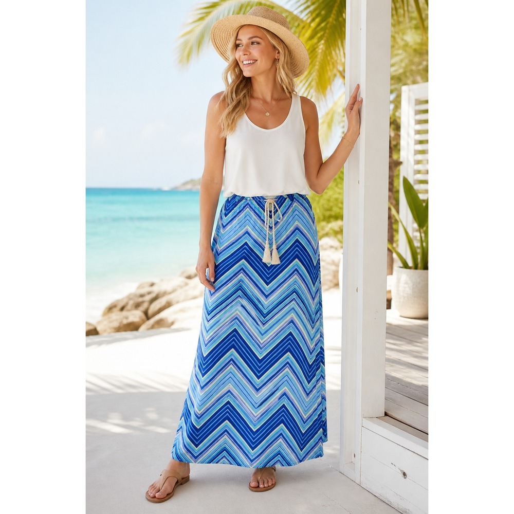 Women's XL Blue Chevron Maxi Skirt‎ Pull-On Elastic Waist Coastal Boho Resort